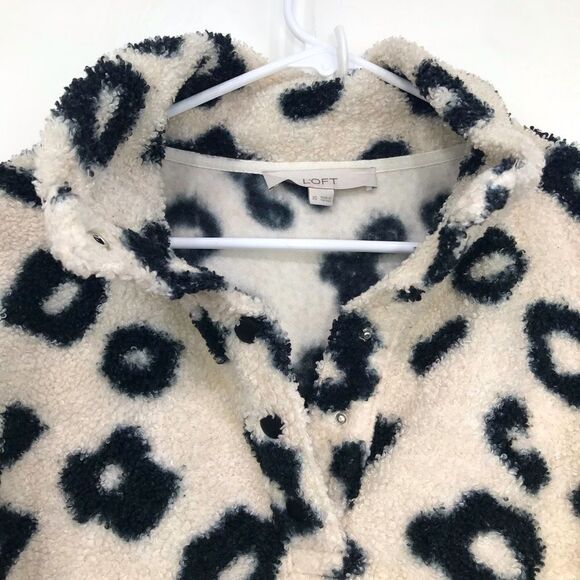 LOFT Cream Black Cheetah Print Quarter Snap Cozy Fleece Pullover - Picture 12 of 13